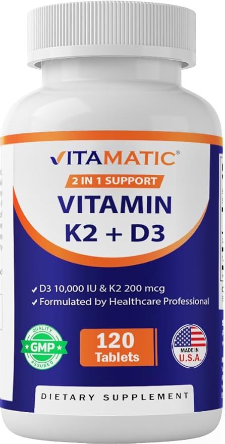 Vitamatic Vitamin D3 K2 Supplements with 10,000 IU Vitamin D + 200mcg Vitamin K MK-7, 120 Tablets Bone, Heart, Immune, & Calcium Support