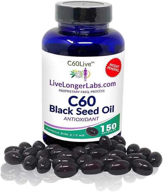 Carbon 60 (Fullerene) with Black Seed Oil - Antioxidant Supplement - for Blood Pressure, Cholesterol & Liver Support - All Natural Ingredients - 150 Gel Capsules