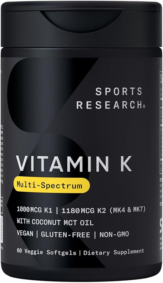 Sports Research® Multi-Spectrum Vitamin K with Coconut MCT Oil - Plant Based Vitamin K1 & K2 (MK-4 + MK-7) - Vegan Certified, Non-GMO & Gluten Free - 60 Veggie Softgels