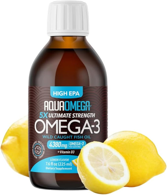 5X Ultimate Strength Liquid Fish Oil Supplements, Wild Caught Omega 3 Fish Oil Liquid 4380mg, High EPA DHA Omega 3 Supplement with Vitamin D, 3380mg EPA, 670mg DHA, 7.60floz (225ml), Lemon Flavor