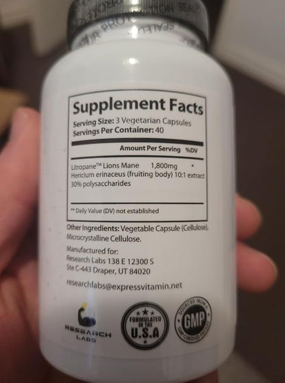 Research Labs Organic Lions Mane Supplement Capsules, 2 Fer 1 Ad - 240 Capsules w/Patent Litropane™ Immune System Booster Nootropic Brain Support Mushroom Supplement. 10X Extract comparable 18000mg