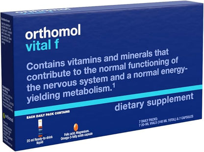 Orthomol Vital F Vial, Women's Multivitamin, 7-Day Supply, Vitamins A, B, C, D, E, K, Calcium, Iodine, Omega-3