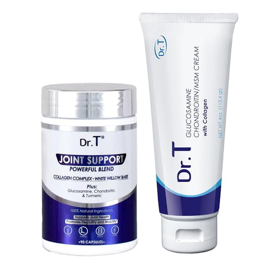 Dr. T Joint Health Bundle: Glucosamine/Chondroitin MSM Cream with Collagen + Joint Support Supplement | Athlete-Grade Joint & Muscle Relief | Non-GMO, Gluten-Free, Made in USA