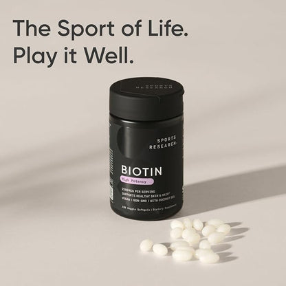 Sports Research Extra Strength Vegan Biotin (Vitamin B) Supplement with Organic Coconut Oil - Supports Keratin for Healthier Hair & Skin - Great for Women & Men - 2,500mcg, 120 Veggie Softgel Capsules