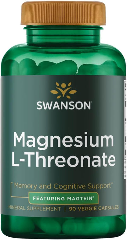 Swanson Magnesium L-Threonate - Mineral Supplement Promoting Nervous System Health - May Support Cognitive Health, Learning & Memory - (90 Veggie Capsules)