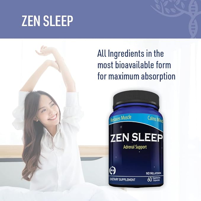 Zen Sleep | Non-Addictive Sleep Aid w/Adrenal Support. Contains Magnesium and Organic Herbs; Chamomile, Lemon Balm, Passion Flower, No melatonin