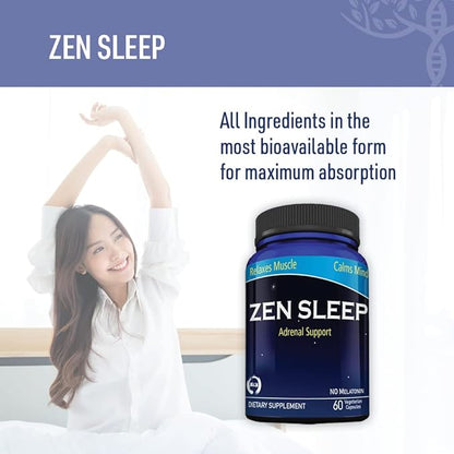 Zen Sleep | Non-Addictive Sleep Aid w/Adrenal Support. Contains Magnesium and Organic Herbs; Chamomile, Lemon Balm, Passion Flower, No melatonin