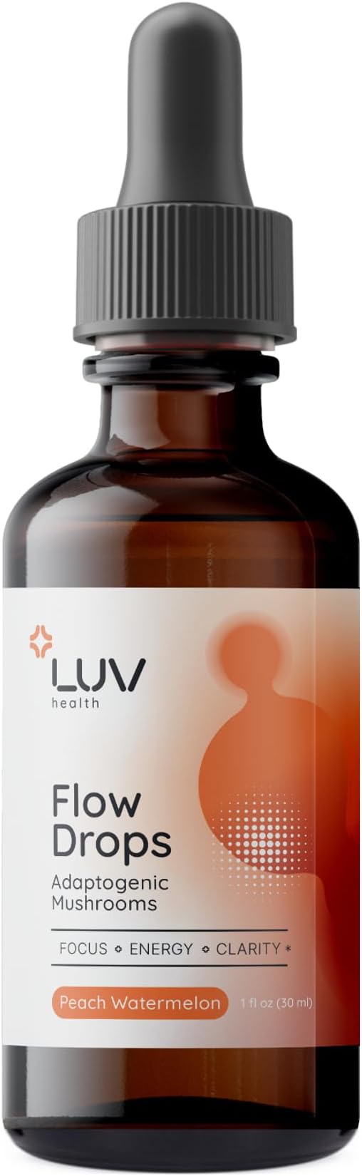 LUV Flow Drops®: Adaptogen Mushroom Blend for Mental Clarity & Energy, Vegan Keto, Focus & Immunity Support, Lion's Mane, Cordyceps, Reishi, USA Made, Non-GMO, 30 Servings (1)