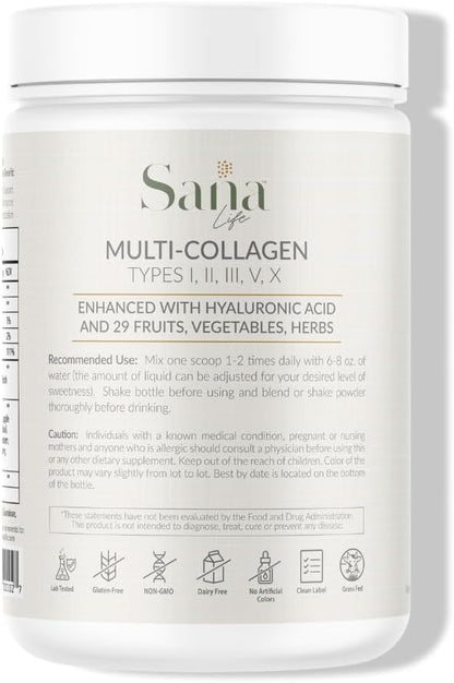 Collagen & Greens Powder, Multi-Collagen Supplement with Hyaluronic Acid for Skin, Hair, Nail & Gut Health - 30 Servings (Apple)