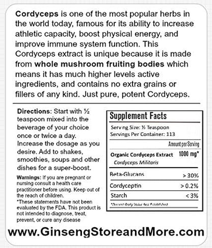 4oz Organic Cordyceps Mushroom Extracted From Real Mushroom Fruiting Bodies from Nammex | >30% Beta-Glucans | Cordyceps Militaris | β-Glucan for Energy, Immune System, Athletic Performance