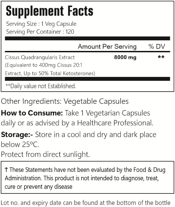 Cissus Quadrangularis Extract Capsules, 8000mg, 120 Count, Vegan - 60 Servings, Gluten Free, Non-GMO, and Vegetarian Friendly