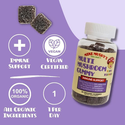 Mini Mushy's Organic Immune Support Daily Gummies | Turkey Tail, Reishi, Chaga Mushrooms, Elderberry | for Kids Ages 2+ Natural Color, Allergy Friendly, Low Sugar | Strawberry Flavor - 30 Count