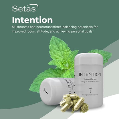 INTENTION Mushroom & Botanical Supplement by Setas – Organic Chaga & Cordyceps, Rhodiola & Ginger to Support Cognitive Function, Mental Focus, & Memory, Vegan & Non-GMO, 60-Day Supply