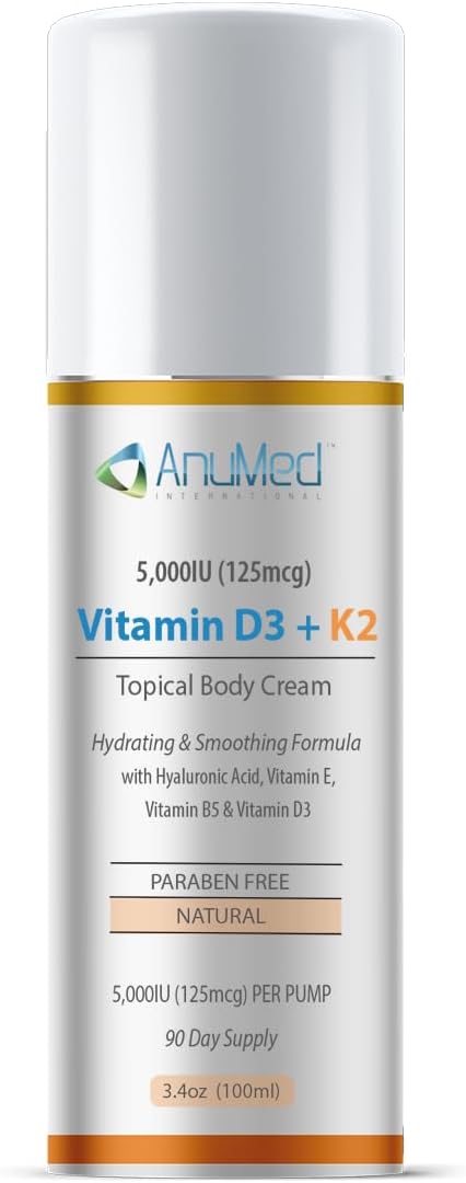 AnuMed Vitamin D3 K2 5,000 IU Cream with Magnesium, Hyaluronic Acid, Vitamin E. Best Moisturizer for Dry Skin. Promotes The Immune System, Strong Bones, Muscles, and Joints (Packaging May Vary) (3oz)