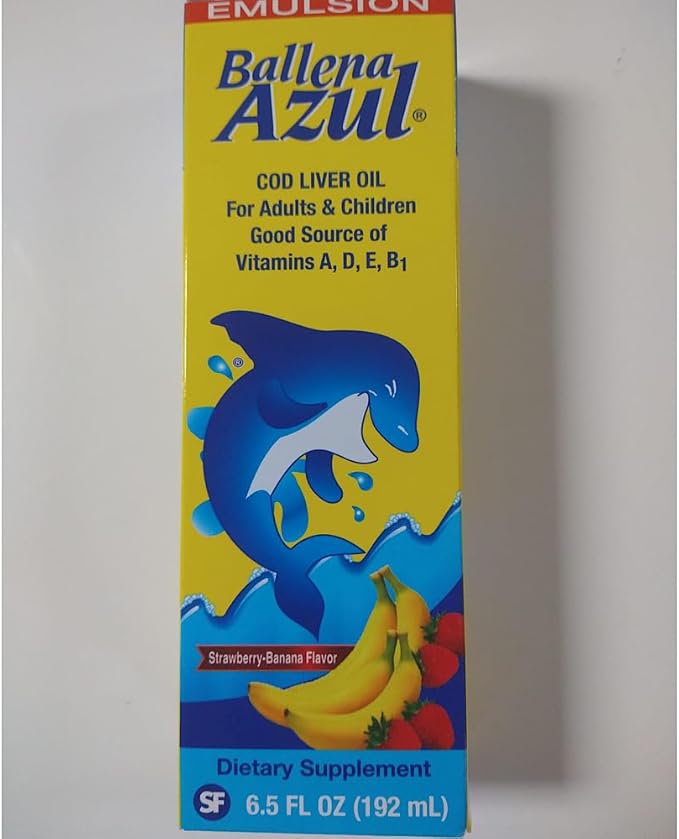Ballena Azul Aceite de Hígado de Bacalao para Adultos y Niños, COD Liver Oil for Adults and Children, Source of Vitamins A,D,E, B1, Dietary Supplement, Omega 3,Inmune System Boost(Strawberry Banana)