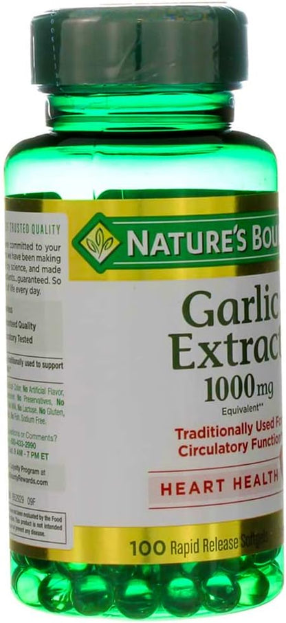 Nature's Bounty Garlic Extract 1000 mg Softgels for Cardiovascular Support,100 ea (Pack of 2)