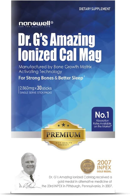 Dr. G's Amazing Ionized Cal Mag 2,860mg (Premium) - Bone Strength and Bone Health Supplement with Ionized Calcium & Magnesium Powder Stick Packs - 30 Sticks x 1 Pack (30 Count)