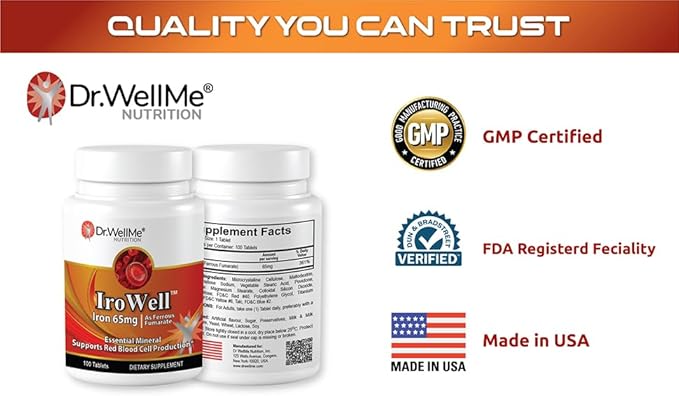 Irowell, The Power of Iron! Made with Ferrous Fumarate, Anion Ferrous Salt, 65mg, 100 Tablets, 100 Day Supply