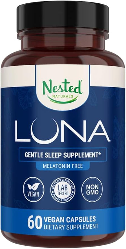 Nested Naturals Luna Sleep Supplement, Melatonin Free, Non-Habit Forming Herbal Sleep Supplement, Adult Bedtime Support, Help Sleeping w/Chamomile, Valerian, L-Theanine, 60 Vegan Capsules
