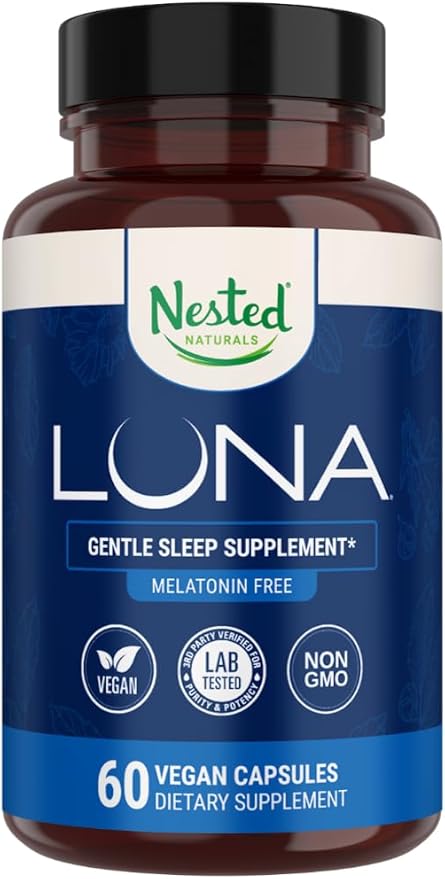 Nested Naturals Luna Sleep Supplement, Melatonin Free, Non-Habit Forming Herbal Sleep Supplement, Adult Bedtime Support, Help Sleeping w/Chamomile, Valerian, L-Theanine, 60 Vegan Capsules