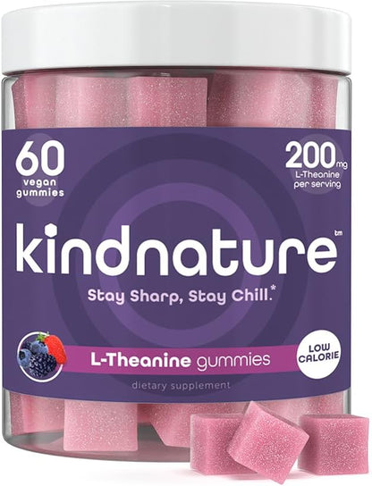 Kind Nature L-Theanine Gummies 200mg – Vegan Calm & Focus Supplement for Adults & Kids Ages 4+ – Mixed Berry Chewable, Low Sugar, Non-Drowsy*