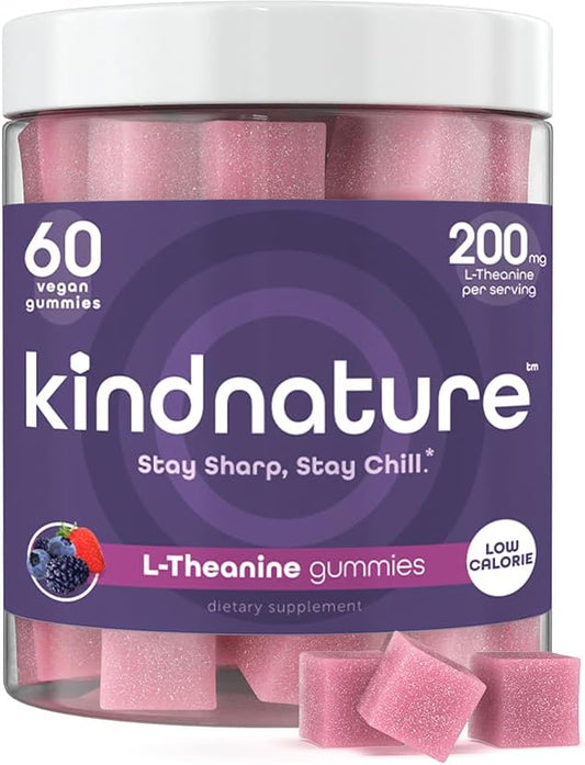 Kind Nature L-Theanine Gummies 200mg – Vegan Calm & Focus Supplement for Adults & Kids Ages 4+ – Mixed Berry Chewable, Low Sugar, Non-Drowsy*