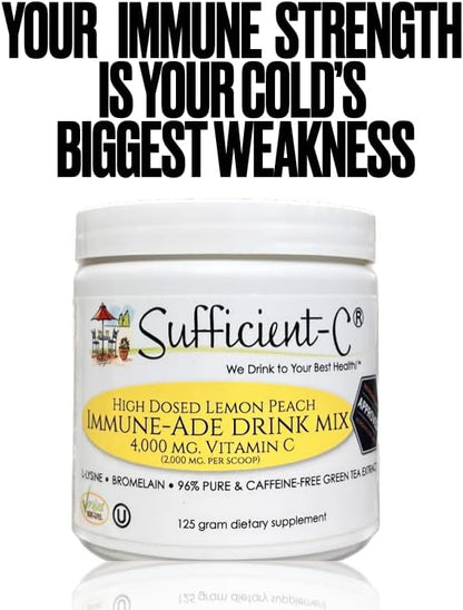 Sufficient-C High Dose Non-GMO Vitamin C Lemon Peach Immune-Ade Drink Mix, Convenient 125 Gram Size w/L-lysine, Bromelain & a Premium 96% Pure Green Tea Extract - Stomach Friendly, Adrenal Supportive