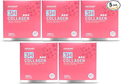 3H Collagen Peptide 60 Sticks X 5 Boxes for 5 Months - I, II, & III with Vitamin A,C, E Hydrolyzed Elastin Peptide and Hyaluronic Acid - Hair, Nail, Skin, and Joint Support (300 Count)