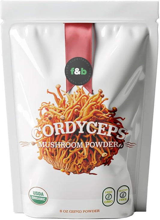 f&b superfoods Organic Cordyceps Mushroom Extract Powder, 8 Ounces | Fruit Body & Mycelium Extract | Active Polysaccharides & Cordycepic Acid | Supports Energy & Immune Health