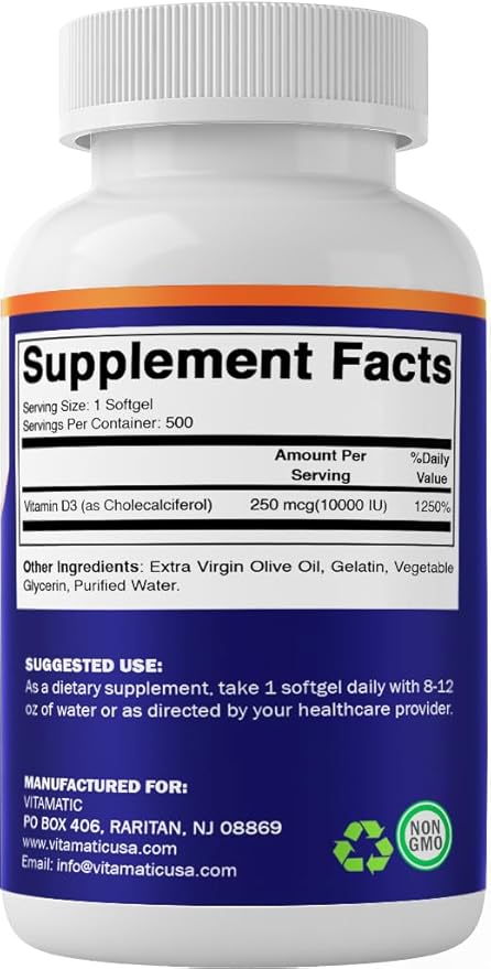 Vitamatic Vitamin D3 10000 IU (250 mcg) - 500 Softgels (Olive Oil Based), Non-GMO, Gluten Free in Cold-Pressed Mini Softgels