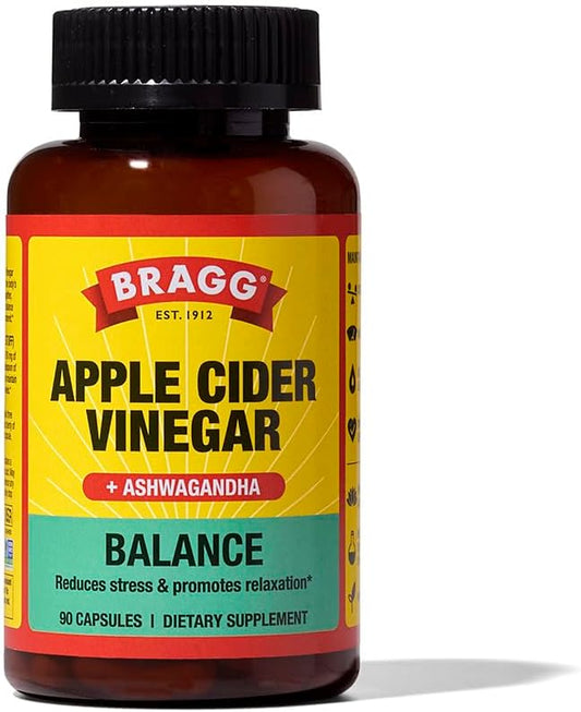 BRAGG Daily Balance Apple Cider Vinegar and Sensoril Ashwagandha Capsules - 750mg of Acetic Acid – Energy & Weight Management Support - (90 Pills)