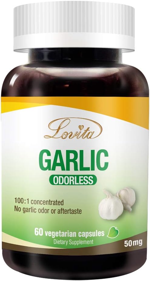 Lovita Odorless Garlic Extract, 50mg 100:1 Concentrate, High Potency, 1.25% Allicin, Gluten-Free, Supports Immune & Cardiovascular Health, 60 Vegan Capsules, 2 Month Supply
