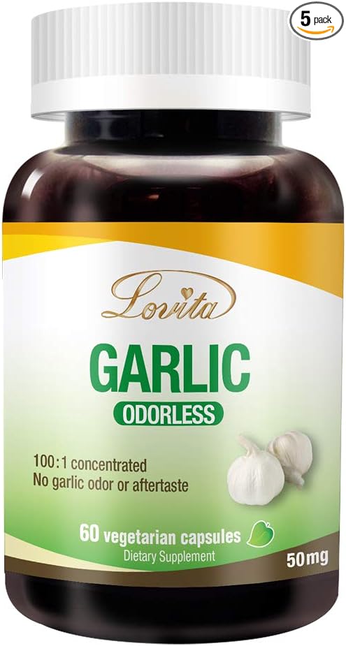 Lovita Odorless Garlic Extract, 50mg 100:1 Concentrate, High Potency, 1.25% Allicin, Gluten-Free, Supports Immune & Cardiovascular Health, 60 Vegan Capsules (Pack of 5)