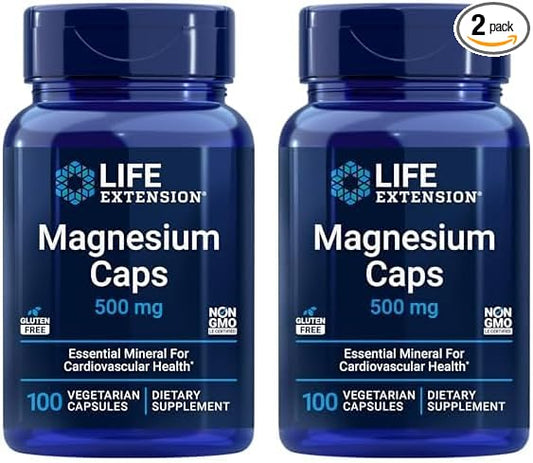 Life Extension Magnesium Caps, 500 mg, Magnesium Oxide, Citrate, Succinate, Heart Health, Healthy Bones, Metabolism Support, 100 Vegetarian Capsules (Pack of 2)