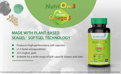 Vegan Omega 3 – Plant-Based DHA & EPA for Brain, Eye & Heart Health – 120 Softgels - NutriOm3 - made with Sustainably Sourced Premium Algal life’s OMEGA with SeaGel technology - Non-GMO, Allergen Free