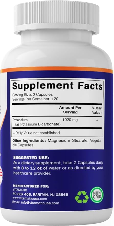Vitamatic Potassium Supplement, 1020 mg, 240 Vegtable Capsules - Non-GMO - Gluten Free - Made in USA
