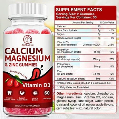 Calcium, Magnesium, Zinc & Vitamin D Gummies - 2 Pack | Vitamins for Women, Men & Kids | Calcium Supplements for Strong Healthy Bones, Zinc Gummies, Gluten-Free, Vegan - 120 Count