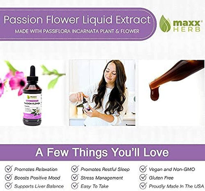 Maxx Herb Passion Flower Extract + Valerian Root Extract - for Relaxation and Stress Management, Alcohol-Free - (1 Each) 4 Oz Bottle (60 Servings)
