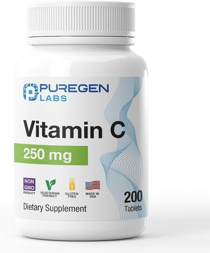 Puregen Labs Vitamin C 250 MG Supports a Healthy Immune System & Antioxidant Protection | Non-GMO | Gluten Free | Made in USA - 200 Tablets
