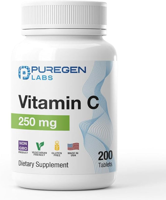 Puregen Labs Vitamin C 250 MG Supports a Healthy Immune System & Antioxidant Protection | Non-GMO | Gluten Free | Made in USA - 200 Tablets