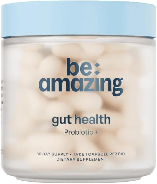 Be Amazing Gut Health Probiotic+ | Digestive Enzymes, 10 Billion CFU, 8 Probiotics Strands, Improves Skin | Reduce Bloating & Supports Regularity for Women & Men | Vegan, Gluten Free | 30 Capsules