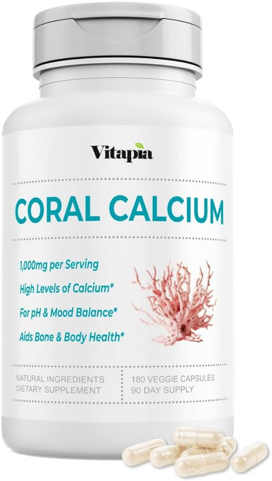 Coral Calcium Powder 1000mg Capsules for Overall Health, Bone Health, PH Level Balance, Trace Minerals Support - 180 Veggie Capsules - Non-GMO & Gluten-Free Supplement