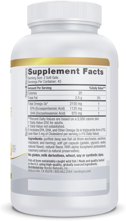 Nordic Naturals ProOmega 2000, Lemon Flavor - 90 Soft Gels - 2150 mg Omega-3 - Ultra High-Potency Fish Oil - EPA & DHA - Promotes Brain, Eye, Heart, & Immune Health - Non-GMO - 45 Servings