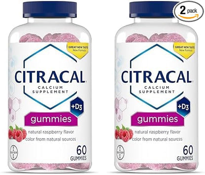 CITRACAL Calcium Supplement Gummies, Chewable Calcium with Vitamin D3, Supports Bone Health, Calcium Chews for Ages 12+, Natural Raspberry Flavor, 60 Count (Pack of 2)
