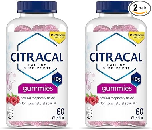 CITRACAL Calcium Supplement Gummies, Chewable Calcium with Vitamin D3, Supports Bone Health, Calcium Chews for Ages 12+, Natural Raspberry Flavor, 60 Count (Pack of 2)