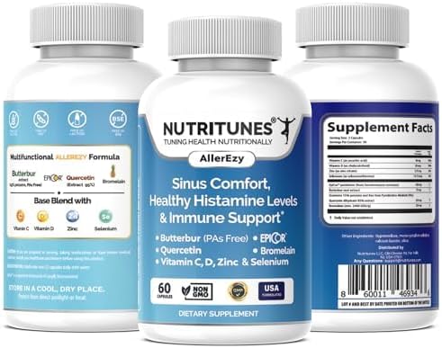AllerEzy – Supports Healthy Histamine Levels, Sinus Comfort, and Immune Health with Butterbur, EpiCor, Quercetin, Bromelain, Vitamins C and D, Zinc, and Selenium – 60 Capsules