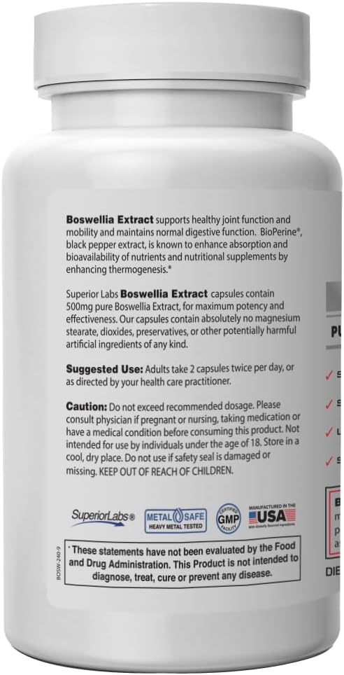 Superior Labs Boswellia Extract - Pure Non GMO Boswellic 65% Acids. Superior Absorption Zero Synthetic Additives - Powerful Formula Joint, Knees, HIPS, Immune, 500mg SVG, 240 Veg Capsules