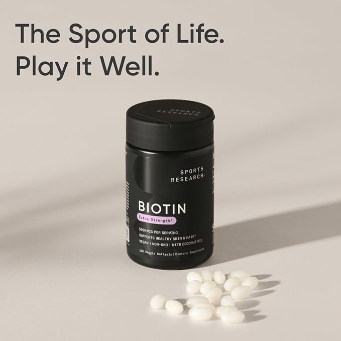 Sports Research Extra Strength Vegan Biotin (Vitamin B) Supplement with Organic Coconut Oil - Supports Keratin for Healthier Hair & Skin - Great for Women & Men - 5,000mcg, 120 Veggie Softgel Capsules