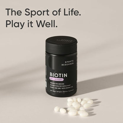 Sports Research Extra Strength Vegan Biotin (Vitamin B) Supplement with Organic Coconut Oil - Supports Keratin for Healthier Hair & Skin - Great for Women & Men - 5,000mcg, 120 Veggie Softgel Capsules