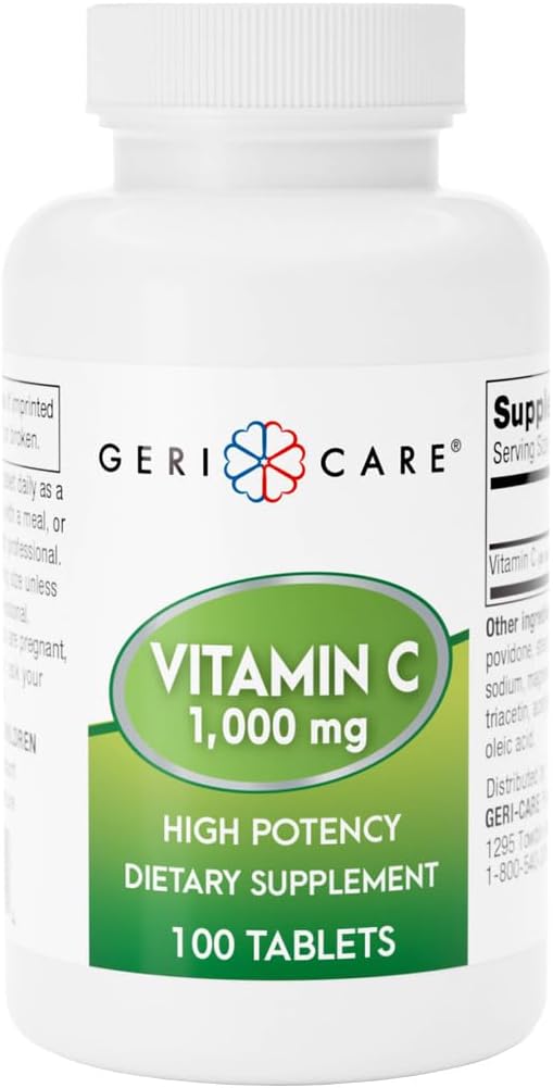 GeriCare Vitamin C 1000 mg – High Potency 100 Tablets – Supports Immune Function, Enhances Skin Care with Collagen Production, Aids in Iron Absorption, and Vascular System Health